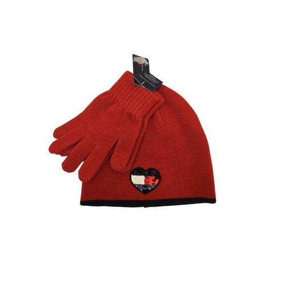 NWT Tommy Hilfiger Girl's Hat & Glove Set Red Sequin Heart 8-16Y - Picture 1 of 7